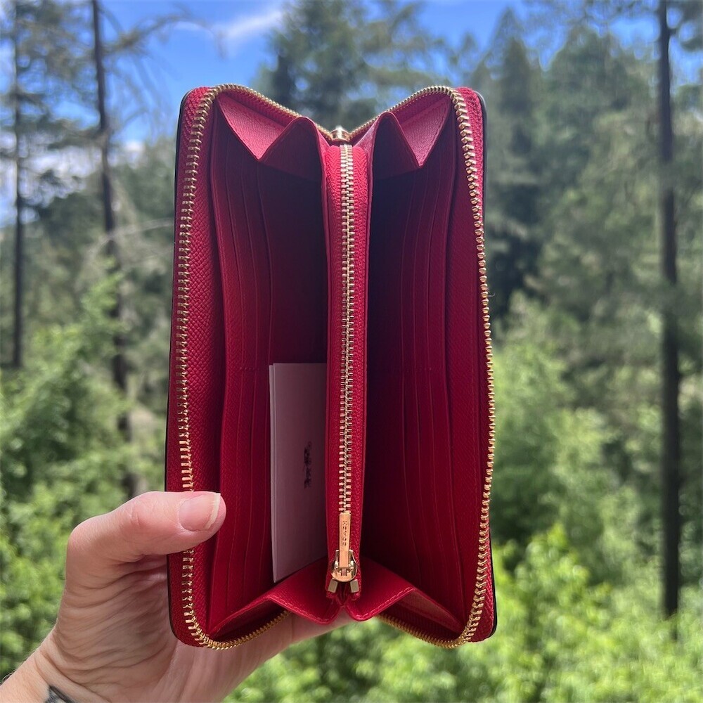 COACH Long Zip-Around RED Pebble Leather Wallet Gold Hardware with Wrist-Strap - Picture 4 of 16